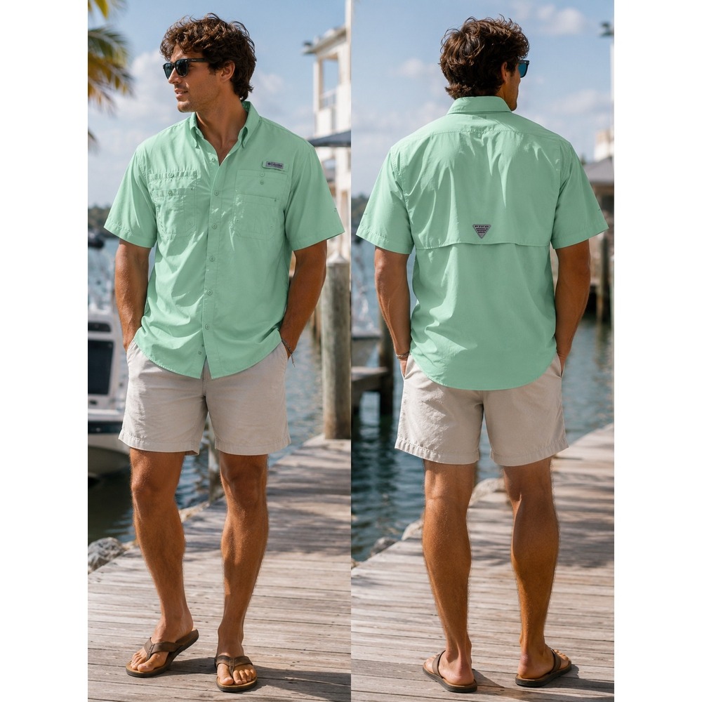 Columbia PFG Fishing Shirt Mens XL Green Short Sleeve Button Down Omni Shade